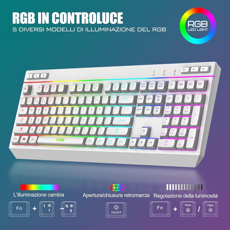 RedThunder K20 Wireless Billentyűzet és Egér Szett, RGB, 4800DPI, Fehér