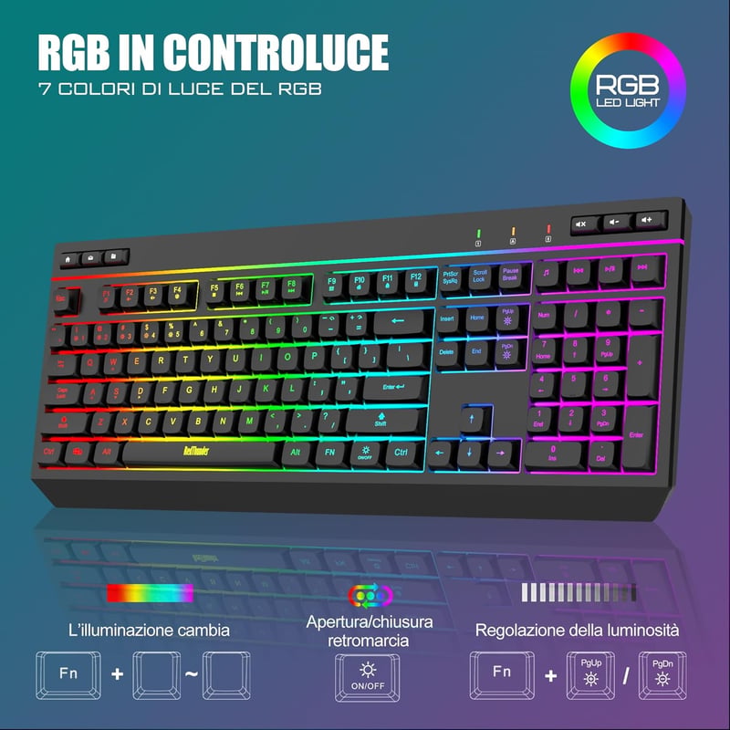 RedThunder K20 Wireless Billentyűzet és Egér Szett, RGB, 4800DPI, Gamer/Iroda