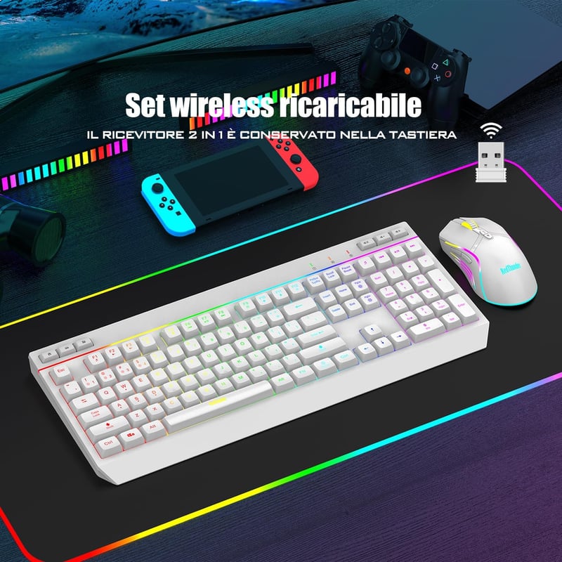 RedThunder K20 Wireless Billentyűzet és Egér Szett, RGB, 4800DPI, Fehér