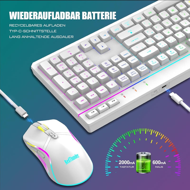 RedThunder K20 Wireless Gaming Billentyűzet és Egér Szett, QWERTZ DE, RGB Háttérvilágítás, 4800DPI