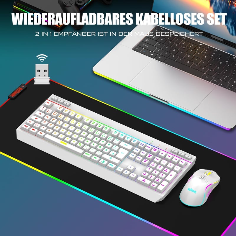 RedThunder K20 Wireless Gaming Billentyűzet és Egér Szett, QWERTZ DE, RGB Háttérvilágítás, 4800DPI