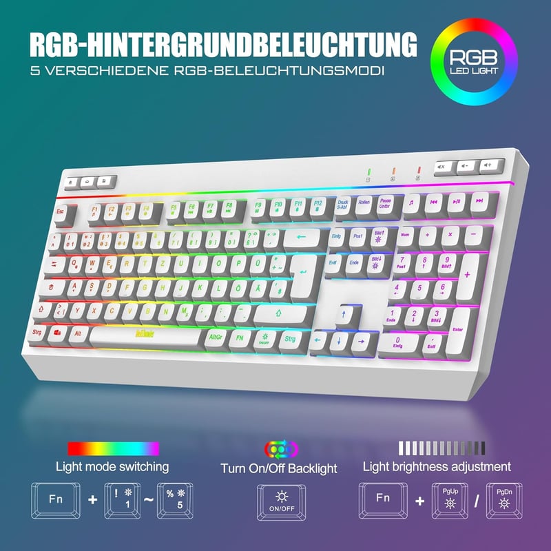 RedThunder K20 Wireless Gaming Billentyűzet és Egér Szett, QWERTZ DE, RGB Háttérvilágítás, 4800DPI