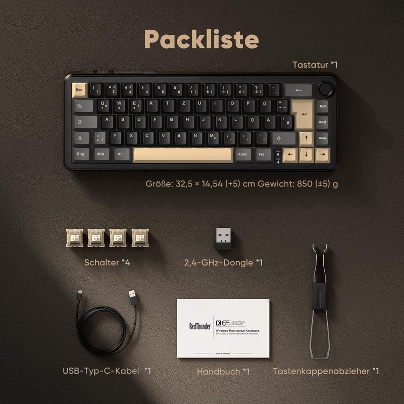 RedThunder K65 65% Wireless Mechanikus Gaming Billentyűzet QWERTZ RGB Retro
