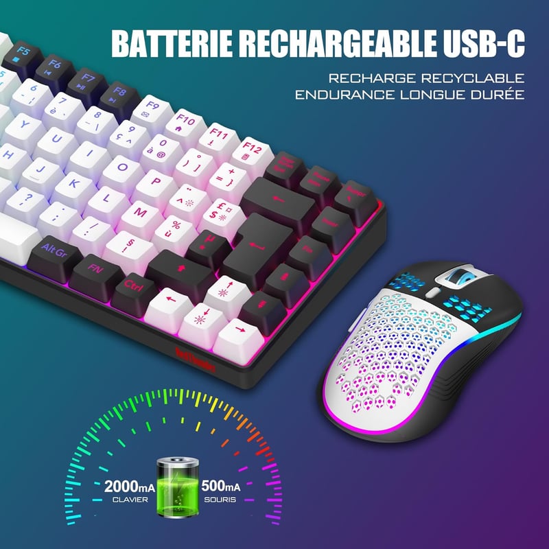 RedThunder K84 Combo Vezeték Nélküli Billentyűzet és Egér Szett - RGB Háttérvilágítás, TKL 75% Kompakt, Újratölthető, Méhsejt Optikai Egér