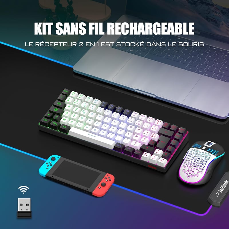 RedThunder K84 Combo Vezeték Nélküli Billentyűzet és Egér Szett - RGB Háttérvilágítás, TKL 75% Kompakt, Újratölthető, Méhsejt Optikai Egér