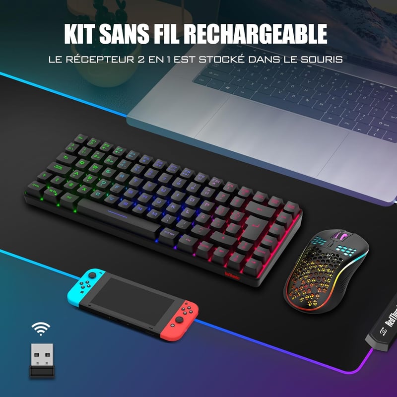 RedThunder K84 Vezeték Nélküli Billentyűzet és Egér Szett - 75% TKL AZERTY Francia Kiosztás, Méhsejt Optikai Egér 3200 DPI, Fekete