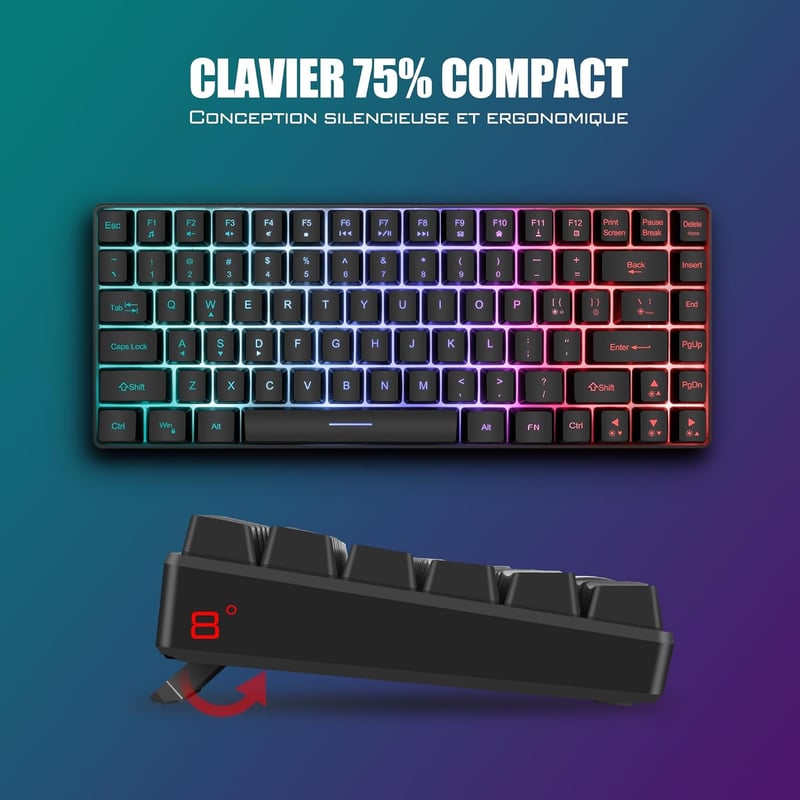RedThunder K84 Vezeték Nélküli Billentyűzet és Egér Szett - 75% TKL AZERTY Francia Kiosztás, Méhsejt Optikai Egér 3200 DPI, Fekete