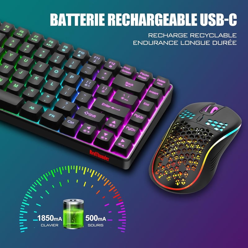 RedThunder K84 Vezeték Nélküli Billentyűzet és Egér Szett - 75% TKL AZERTY Francia Kiosztás, Méhsejt Optikai Egér 3200 DPI, Fekete