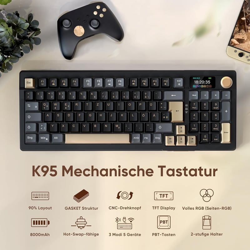 RedThunder K95 Vezeték Nélküli Mechanikus Gamer Billentyűzet 1,88" Kijelzővel, QWERTZ 96 Gombos, Gasket, 3 Csatlakozás, Hot-swap, RGB, 8000 