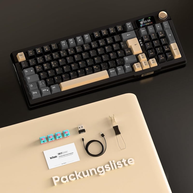 RedThunder K95 Vezeték Nélküli Mechanikus Gamer Billentyűzet 1,88" Kijelzővel, QWERTZ 96 Gombos, Gasket, 3 Csatlakozás, Hot-swap, RGB, 8000 