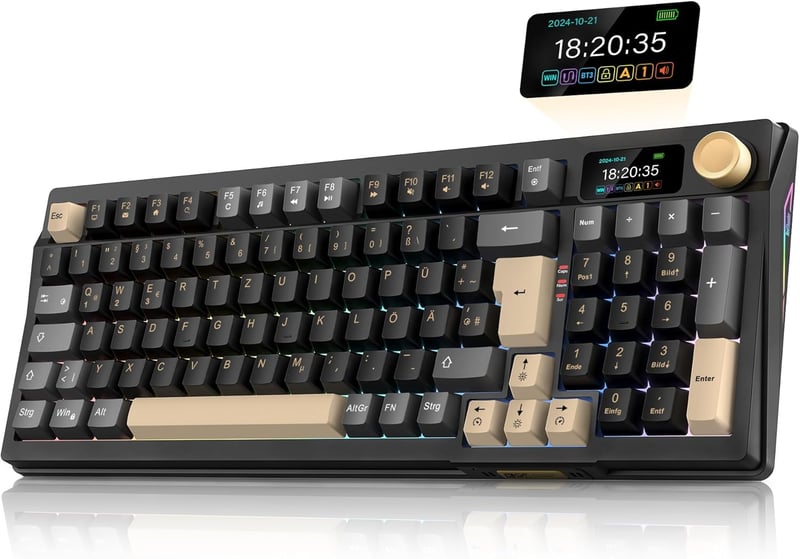 RedThunder K95 Vezeték Nélküli Mechanikus Gamer Billentyűzet 1,88" Kijelzővel, QWERTZ 96 Gombos, Gasket, 3 Csatlakozás, Hot-swap, RGB, 8000 