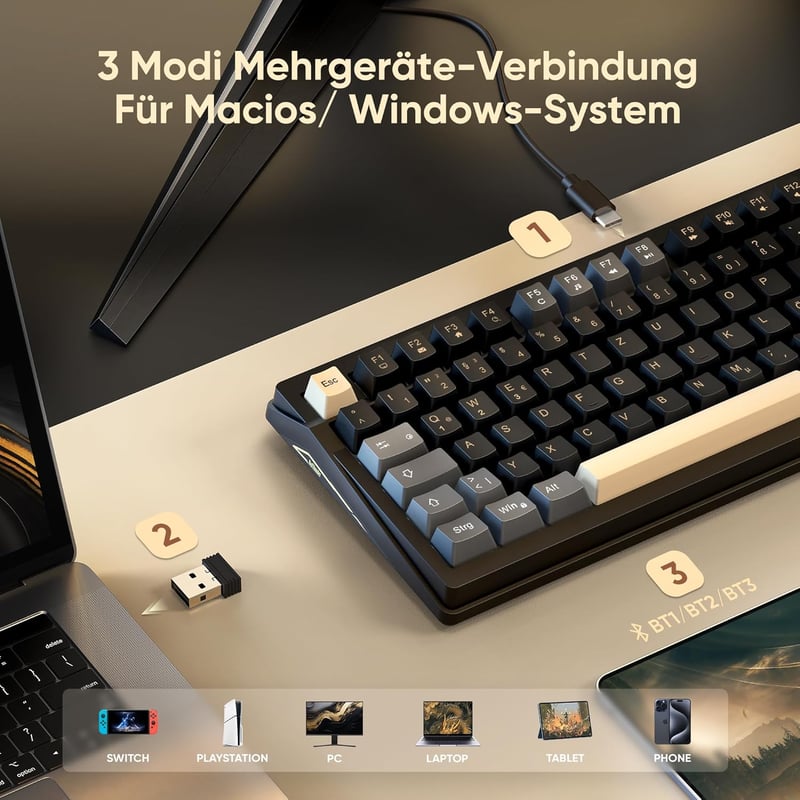 RedThunder K95 Vezeték Nélküli Mechanikus Gamer Billentyűzet 1,88" Kijelzővel, QWERTZ 96 Gombos, Gasket, 3 Csatlakozás, Hot-swap, RGB, 8000 