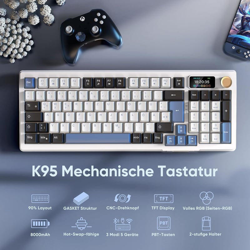 RedThunder K95 Wireless Mechanikus Gaming Billentyűzet QWERTZ 96 Gomb RGB LED Kijelzővel