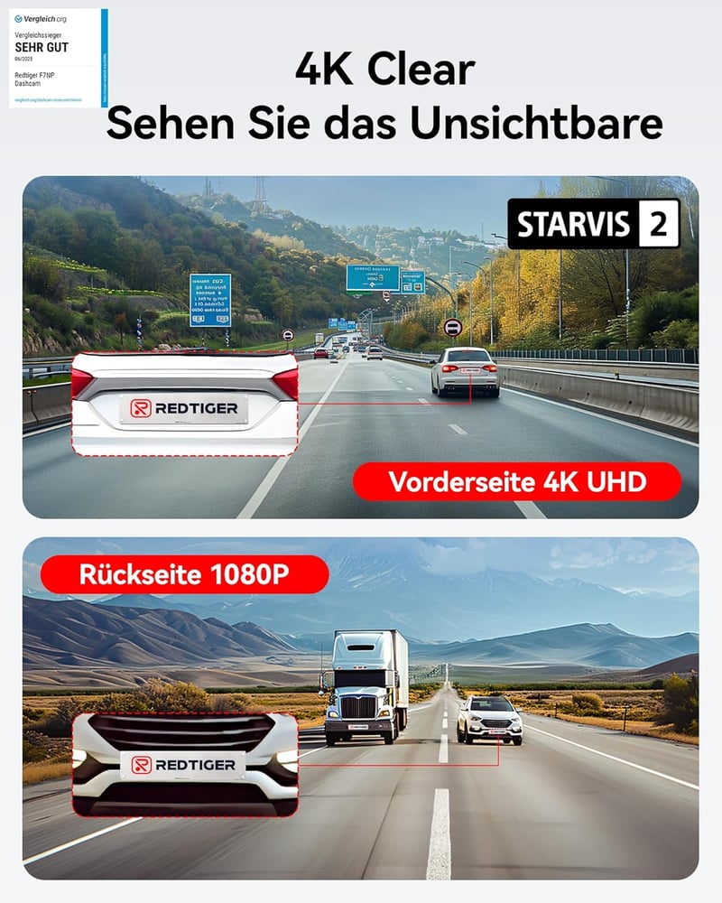 REDTIGER F7NP-4K autós fedélzeti kamera elöl-hátul, 128GB kártya, Wi-Fi6, 4K felbontás