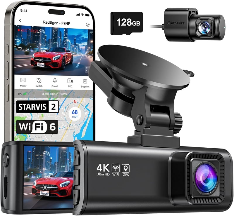 REDTIGER F7NP-4K autós fedélzeti kamera elöl-hátul, 128GB kártya, Wi-Fi6, 4K felbontás