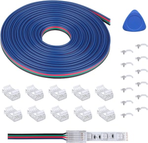 Set REDTRON de conectoare și cablu prelungitor de 5 m pentru benzi LED RGB 5050 cu 4 pini, fără lipire, 10 mm, 22AWG, incluzând 10 conectori