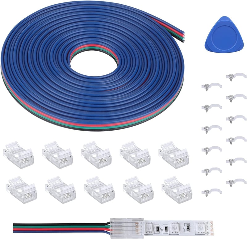 Set REDTRON de conectoare și cablu prelungitor de 5 m pentru benzi LED RGB 5050 cu 4 pini, fără lipire, 10 mm, 22AWG, incluzând 10 conectori