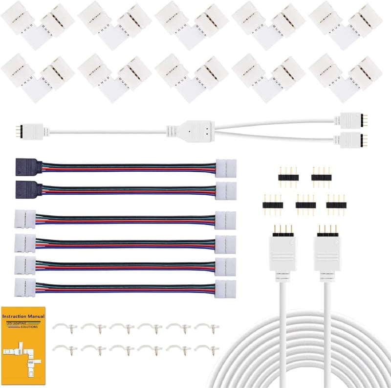 REDTRON LED szalag csatlakozó szett 10mm RGB 5050 sarok és rögzítő klipekkel