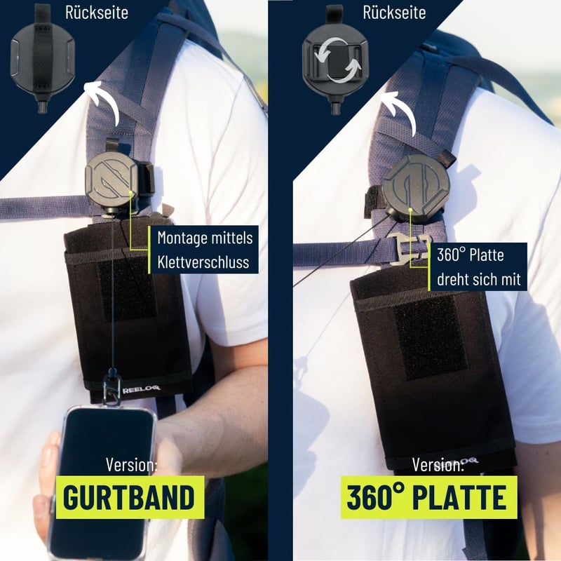 REELOQ PRO Smartphone Biztonsági Hátizsák Telefontartó 360° Visszahúzható Kötéllel Fekete