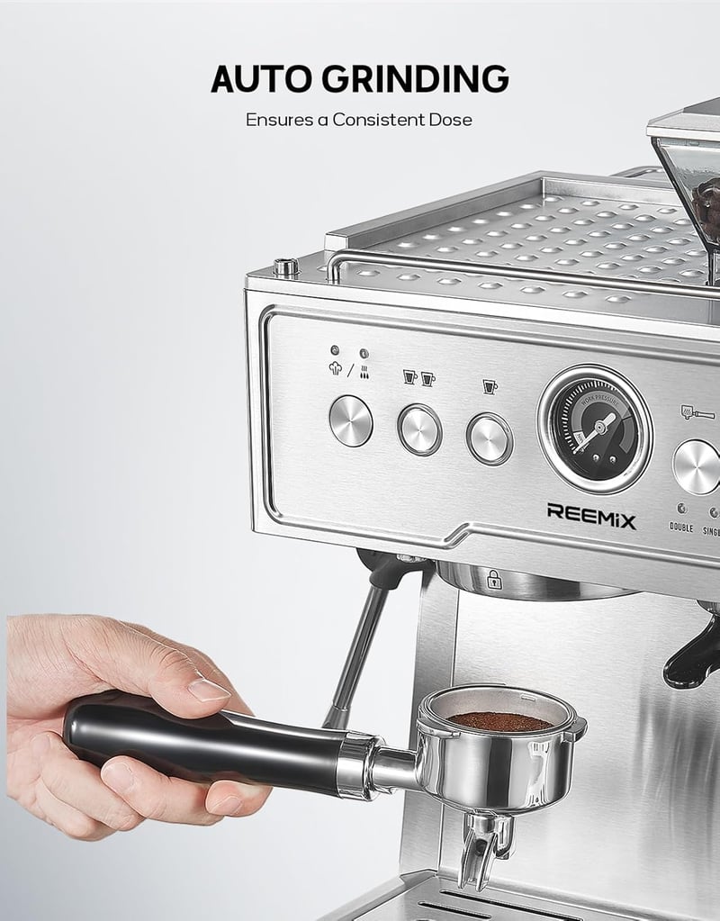 Reemix 20 Bar Espresso Kávéfőző Beépített Kávédarálóval és Tejhabosítóval Rozsdamentes