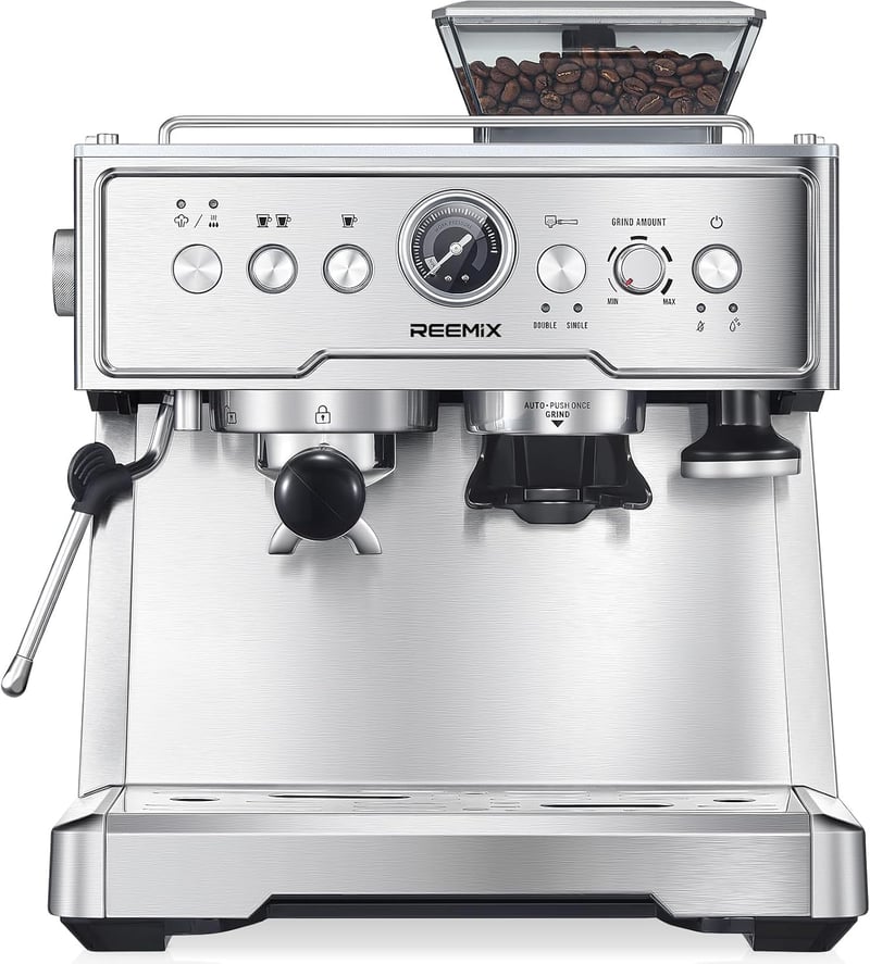 Reemix 20 Bar Espresso Kávéfőző Beépített Kávédarálóval és Tejhabosítóval Rozsdamentes