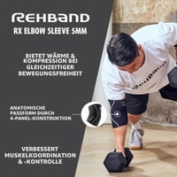 Rehband lakťová bandáž 5 mm SBR/neoprén, na silový tréning, anatomický dizajn, protišmyková, karbónová/čierna, veľkosť M 3