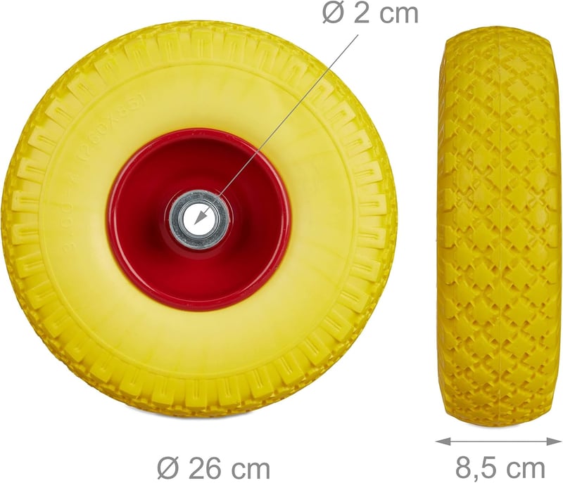 Relaxdays 2X Szállítókocsi Kerék Lyukmentes Gumi 260x85mm 100kg Terhelhetőség - Yellow/Red