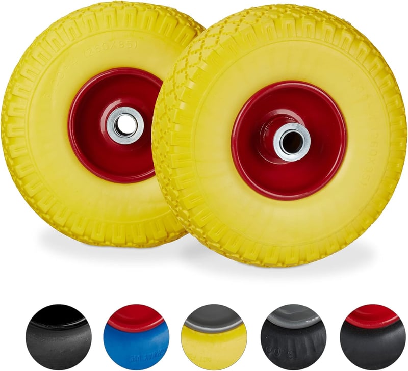 Relaxdays 2X Szállítókocsi Kerék Lyukmentes Gumi 260x85mm 100kg Terhelhetőség - Yellow/Red