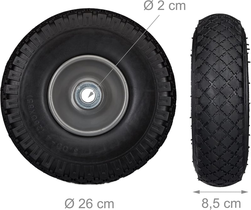 Relaxdays 2X Szállítókocsi Kerék Puktúramentes Gumi 260x85mm 100kg Terhelhetőség - black/grey