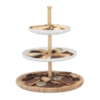 Suport pentru prăjituri Relaxdays cu 3 niveluri, din bambus și ceramică, pentru prăjituri și fructe, 30 x 36 cm, natur-alb 1