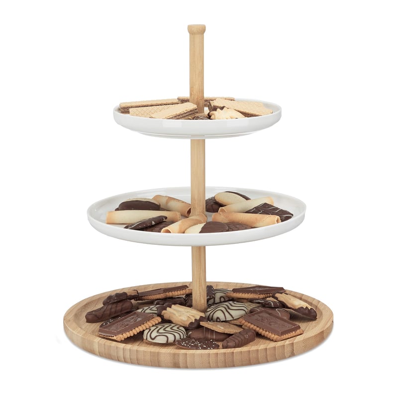 Suport pentru prăjituri Relaxdays cu 3 niveluri, din bambus și ceramică, pentru prăjituri și fructe, 30 x 36 cm, natur-alb