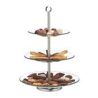Relaxdays 3-poschodový okrúhly etažér na tortu, cupcake, sušienky a ovocie, strieborný/priehľadný, stojan na zákusky 1