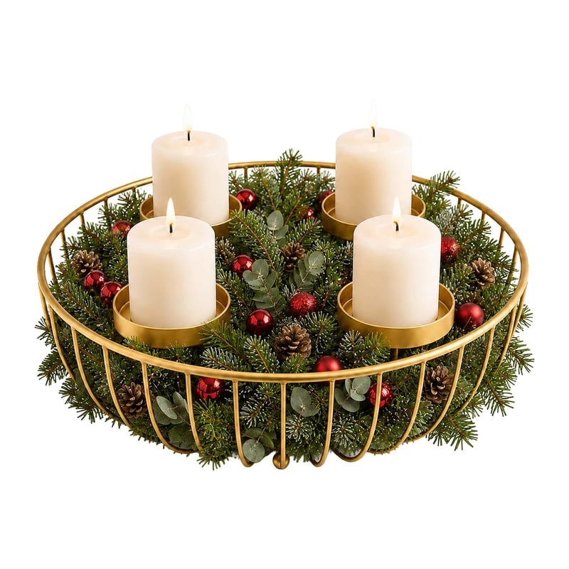 Relaxdays Adventi koszorú, 4 gyertyával, drótfonatos tál, arany színű asztali dekoráció