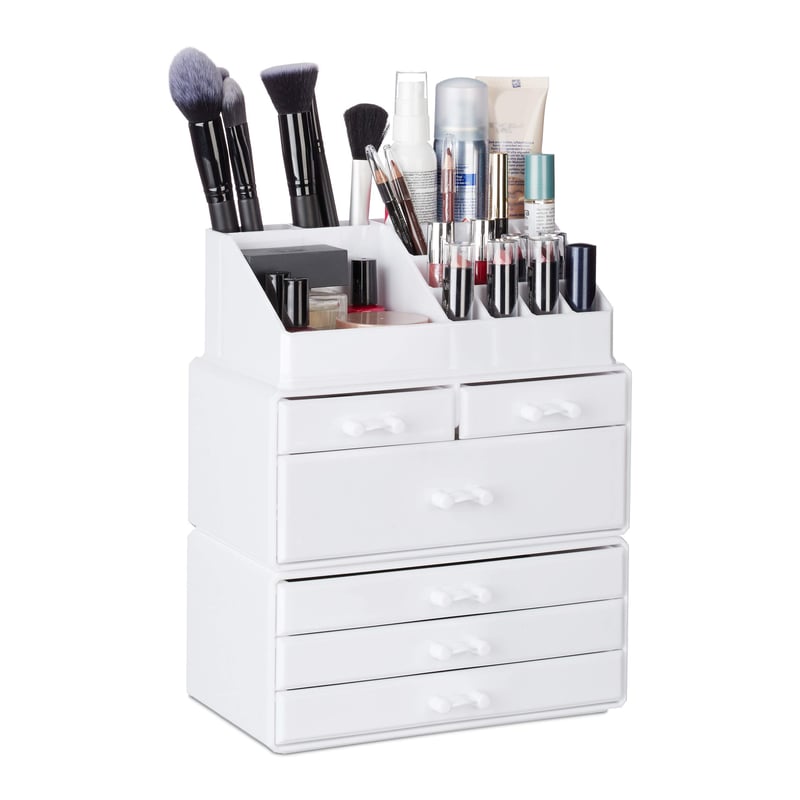 Organizator Cosmetic din Acril Relaxdays cu 6 Sertare și 22 de Compartimente, Suport pentru Depozitare Machiaj și Bijuterii, Alb