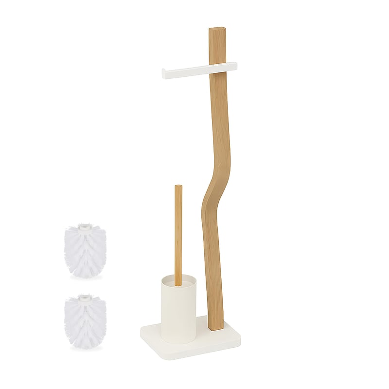 Set WC stativ Relaxdays, 78,5 x 23 x 18 cm, lemn și metal, cu suport pentru peria de toaletă și suport pentru hârtie igienică, alb și natur