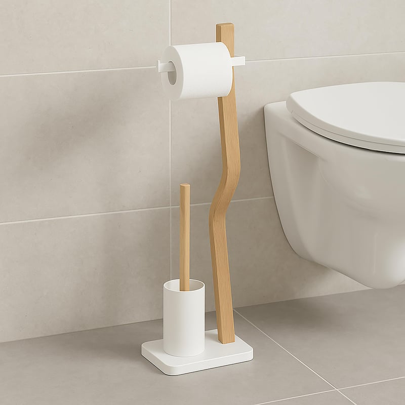 Relaxdays samostojeći WC set, 78,5 x 23 x 18 cm, drvo i metal, s držačem WC četke i držačem toaletnog papira, bijela i natur boja