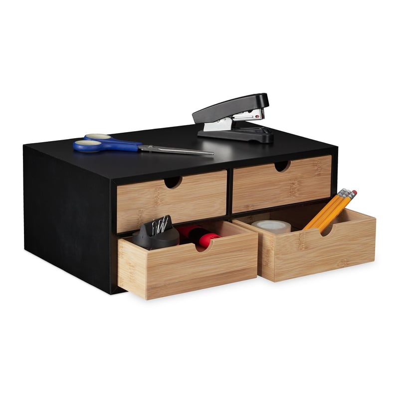 Relaxdays stolni organizator s 4 ladice, bambus i MDF, organizator za pisaći stol, 13,5x33x21 cm, prirodna/crna