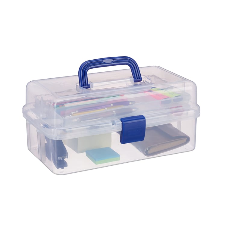 Cutie de depozitare Relaxdays din plastic transparent, 9 compartimente, cutie de scule, organizator pentru articole de cusut, 14x33x19 cm, albastru
