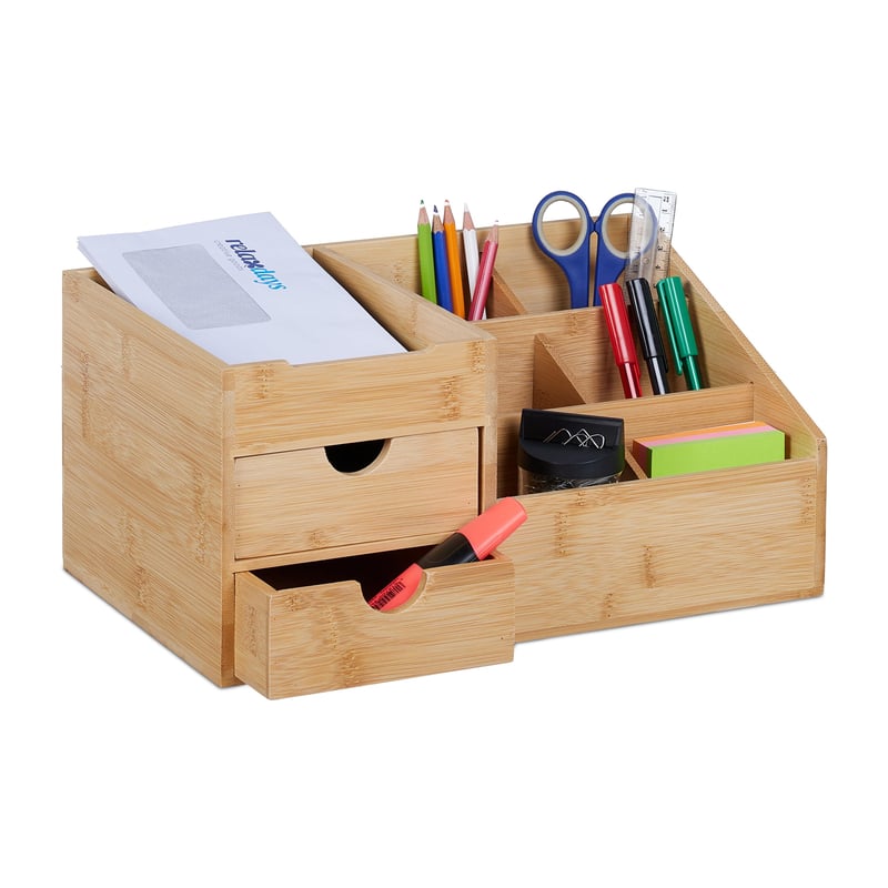 Organizator de birou din bambus Relaxdays, 2 sertare, 7 compartimente pentru papetărie, 15,5 x 33 x 20,5 cm, natural