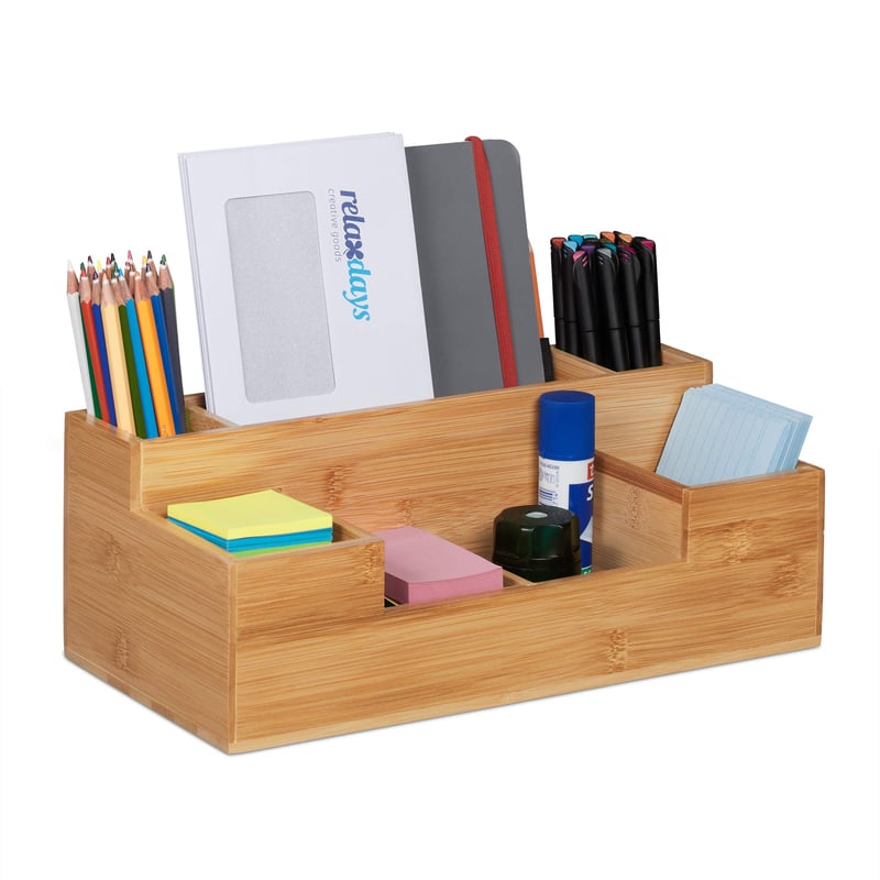 Relaxdays Bambusov stolni organizator, 7 pretinaca, ured, kuhinja, kupaonica, 11x30x15 cm, prirodna boja