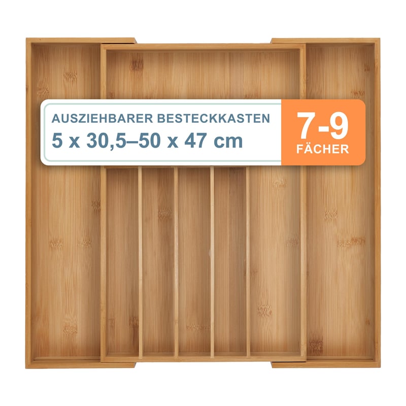 Relaxdays Bambusový organizér na príbory, rozťahovateľný, 7-9 priehradiek, 5 x 30,5-50 cm — poškodený vonkajší spoj dreva (stav: pozri 2. obrázok)