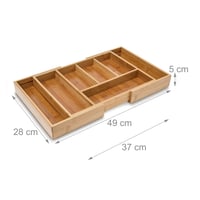 Relaxdays Bambusový organizér na príbory do zásuvky, výsuvný 37-49 cm, 5-7 priehradiek, 5x48,5x28 cm, kuchynský organizér, prírodný 2