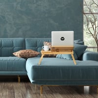 Relaxdays bambusový stolík na notebook na pohovku, skladací, nastaviteľná výška, sklopná doska, so zásuvkou, stolík do postele, prírodný 5