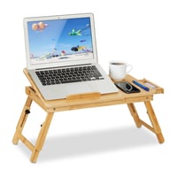 Relaxdays bambusový stolík na notebook na pohovku, skladací, nastaviteľná výška, sklopná doska, so zásuvkou, stolík do postele, prírodný 1