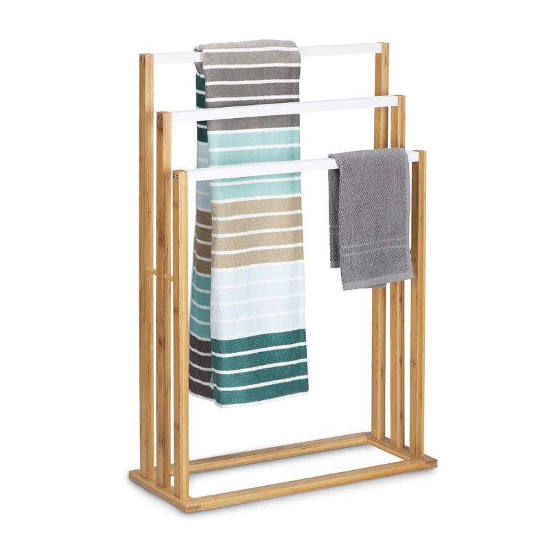 Suport pentru prosoape tip scară Relaxdays din bambus cu 3 bare, suport pentru baie, stil natural, alb, 24x54x82 cm