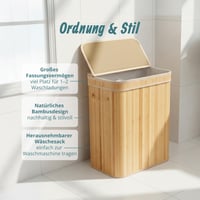 Bambusový kôš na bielizeň Relaxdays s vekom, 100 l, 2 priehradky, 63 x 52 x 32 cm, kôš do kúpeľne, prírodný 2
