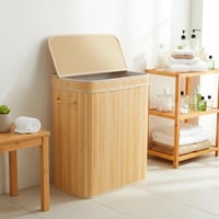 Bambusový kôš na bielizeň Relaxdays s vekom, 100 l, 2 priehradky, 63 x 52 x 32 cm, kôš do kúpeľne, prírodný 3