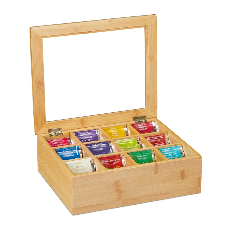 Cutie pentru ceai Relaxdays din bambus cu 12 compartimente, capac cu fereastră, organizator pentru pliculețe de ceai, 9x28x23 cm, natur