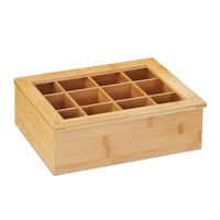 Cutie pentru ceai Relaxdays din bambus cu 12 compartimente, capac cu fereastră, organizator pentru pliculețe de ceai, 9x28x23 cm, natur 8