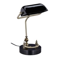 Lampă de bancher Relaxdays, abajur din sticlă, bază din lemn, lampă de birou reglabilă pentru bibliotecă, cu soclu E27, stil retro, negru 1